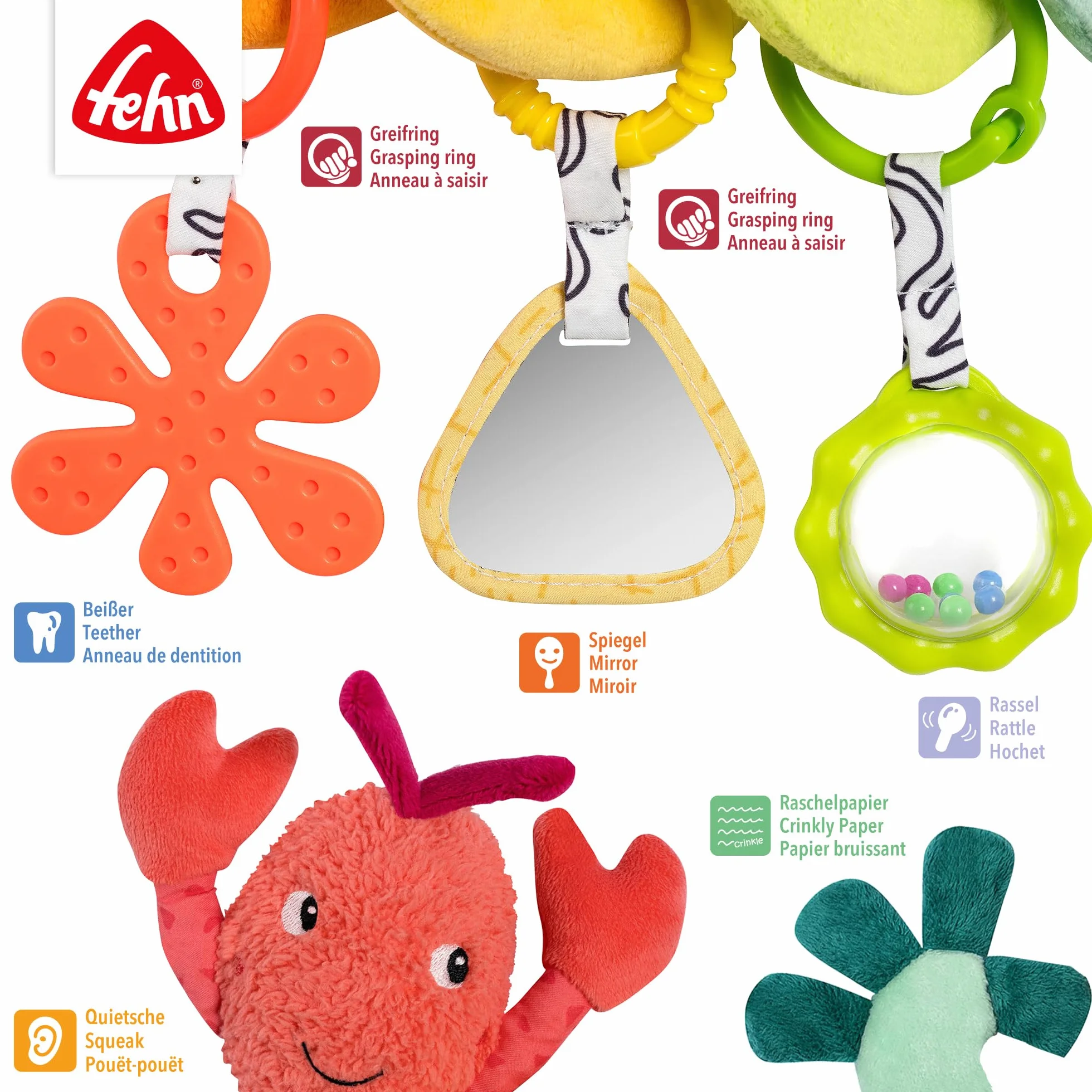 Fehn Hummer spirala Activity – spirala materiałowa z funkcjami uczenia się do chwytania, odczuwania, zabawy – wspomaga chwytanie, zmysł dotyku i motorykę – do domu i w podróży, dla niemowląt od