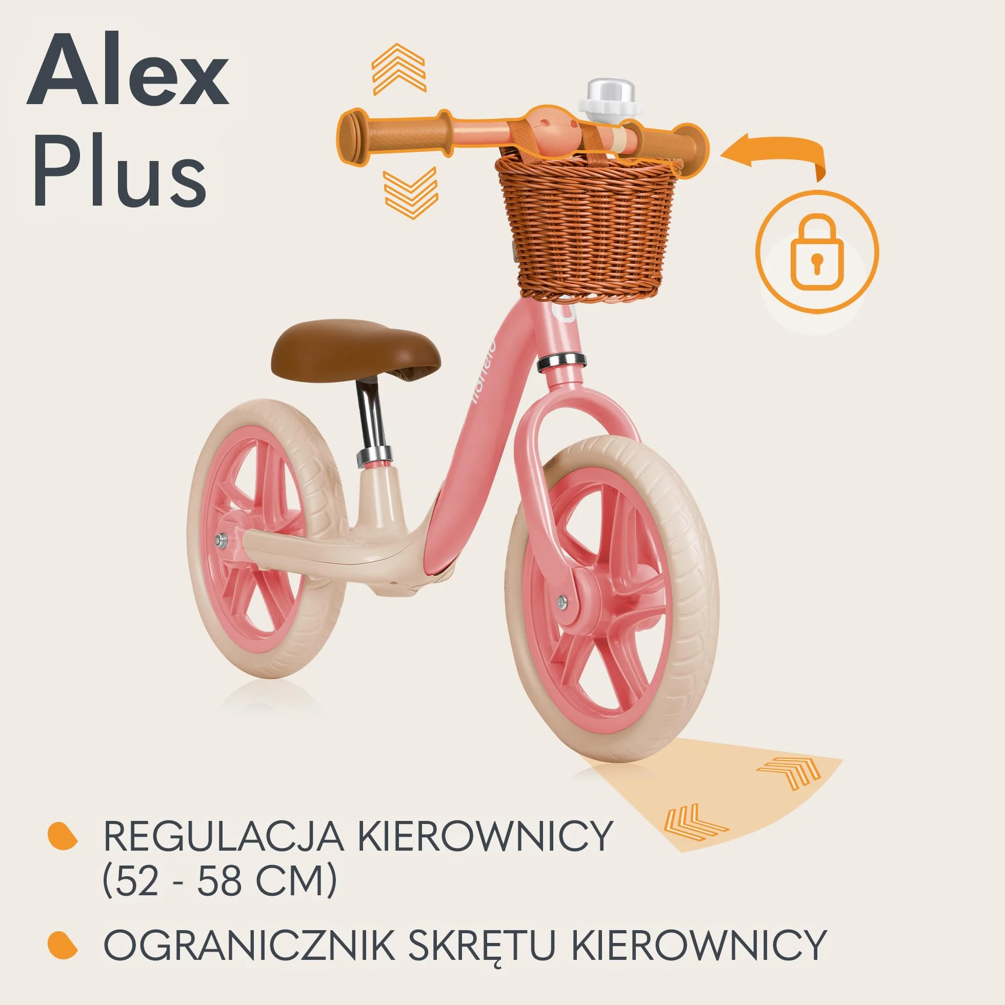 LIONELO ALEX PLUS Dziecięcy Rowerek Biegowy do 30 kg, od 3 lat, Piankowe Koła EVA 30,5 cm, Podnóżek Kosz Regulacja Siodełka i Kierownicy, Antypoślizgowy Uchwyt, Lekki 3,4 kg (Beżowy)
