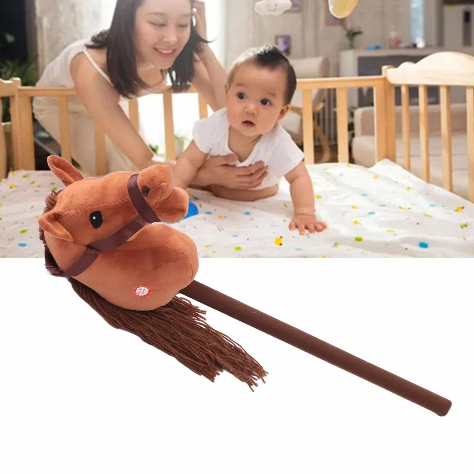 Wysokość 70 Cm Pluszowy Koń-zabawka Na Patyku Śliczny Wyraz 2 Efekt Dźwiękowy Na Zewnątrz Nadziewany Kij Konik Kij Koń z Drewnianymi Kołami Hobby Futro Konia (Głęboki brąz)