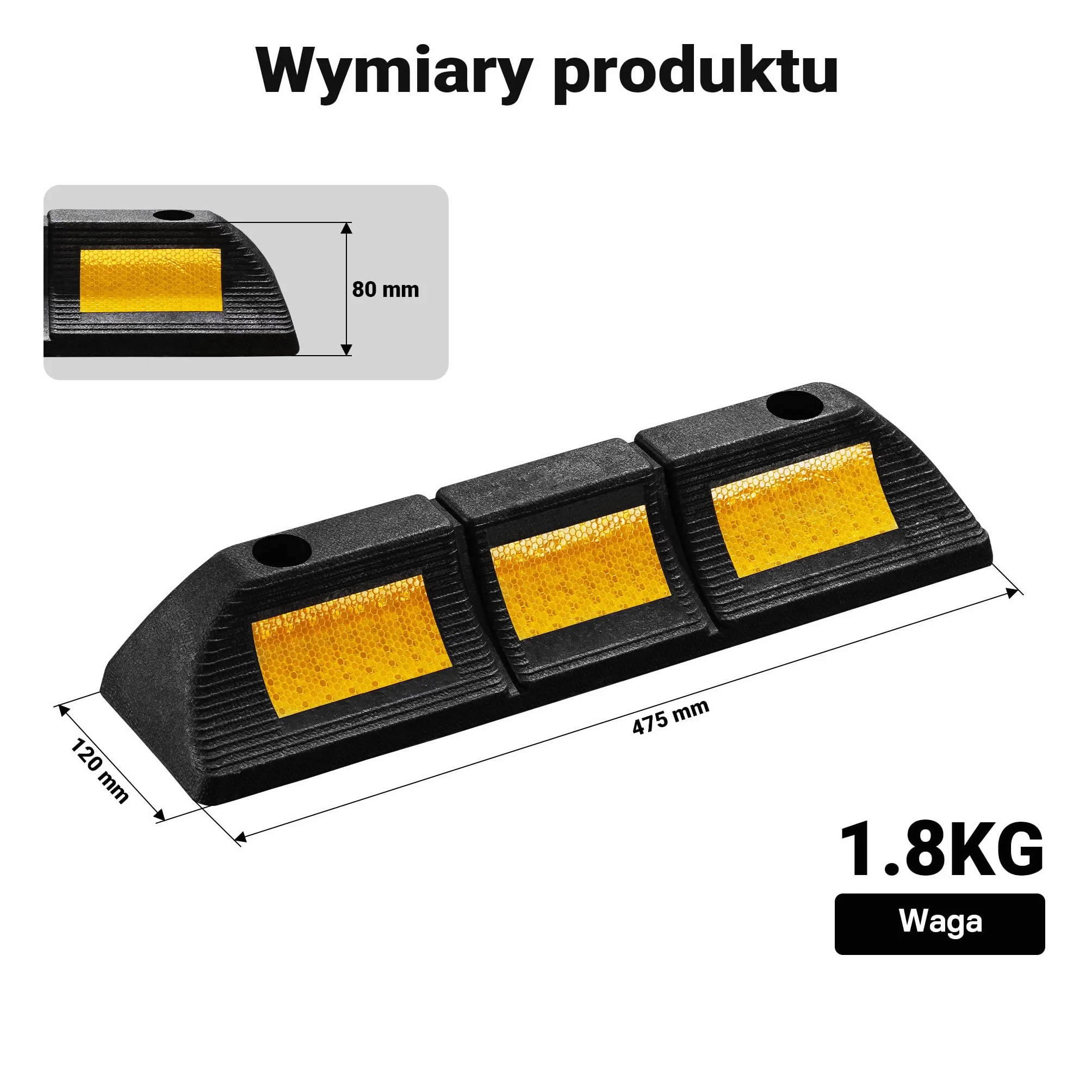 Wiltec Ogranicznik parkingowy 2 szt. 47,5 x 12 x 8 cm czarny z żółtą taśmą odblaskową, odbojnik gumowy do garażu i parkingu