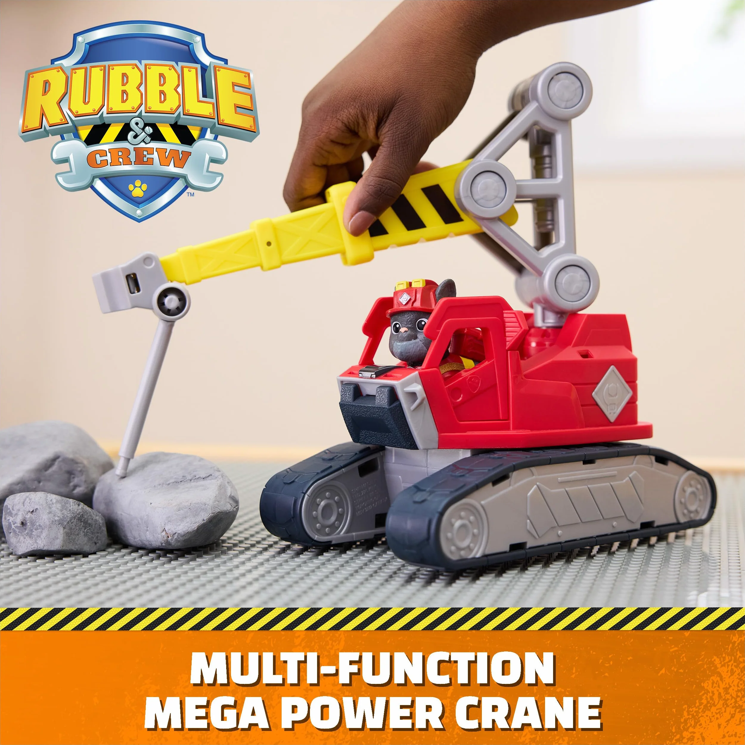 Mega Power Crane firmy Rubble & Crew, zabawkowa ciężarówka z figurką ładowarki i 2 odłączanymi narzędziami, zabawki dla dzieci PAW Patrol dla chłopców i dziewczynek w wieku od 3 lat
