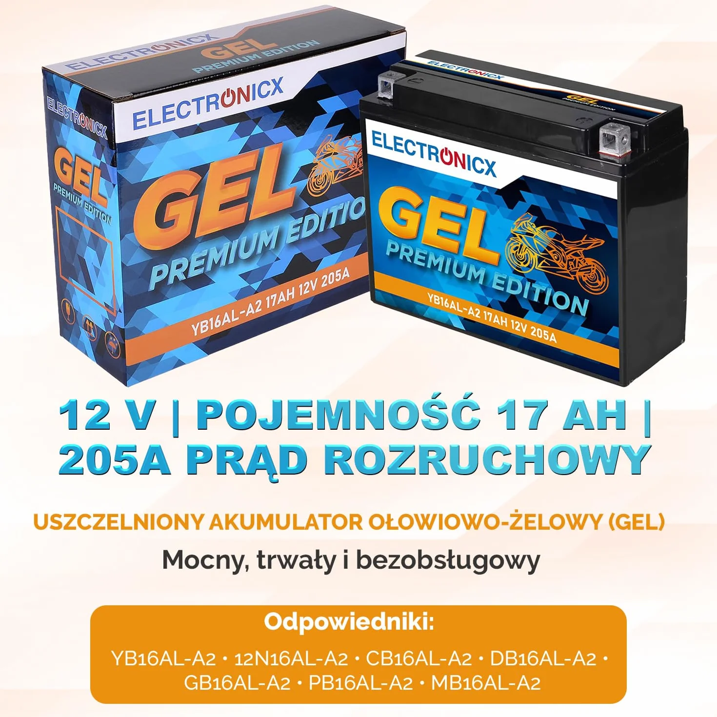 Electronicx GEL Żelowa bateria zapasowa – 17 Ah 12 V YB16AL-A2akumulator motocyklowy 12V 17Ah 205A – bezobsługowy, solidny- wysoka moc rozruchowa do motocykli, skuterów, quadów ATV – 206×70×162 mm