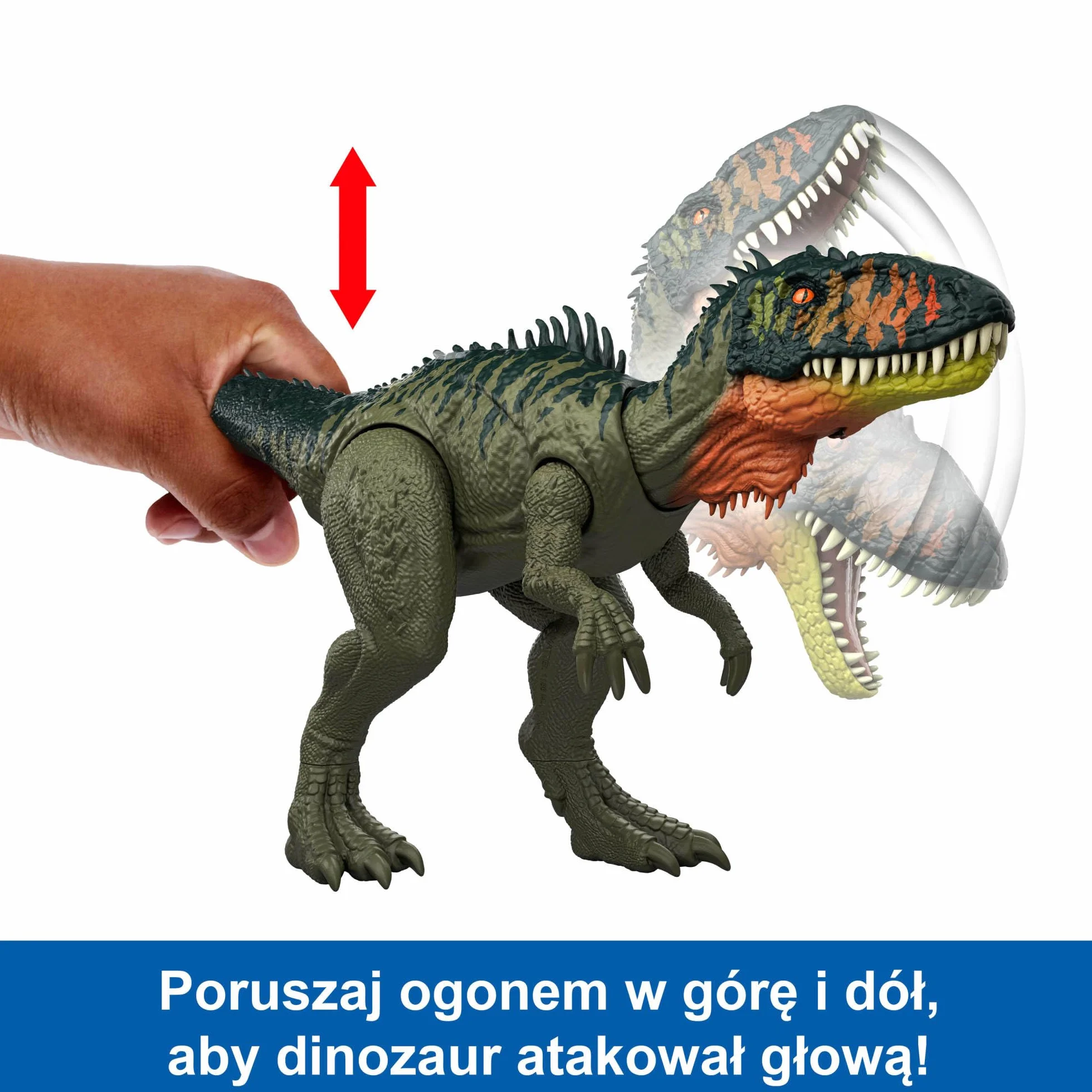 Mattel, Jurassic World: Odrodzenie Tyranotytan Dinozaur Gigantyczny atak Figurka dinozaura z 2 atakami aktywowanymi ogonem, zabawka dinozaur dla dzieci, zabawa realna i wirtualna, JCL75