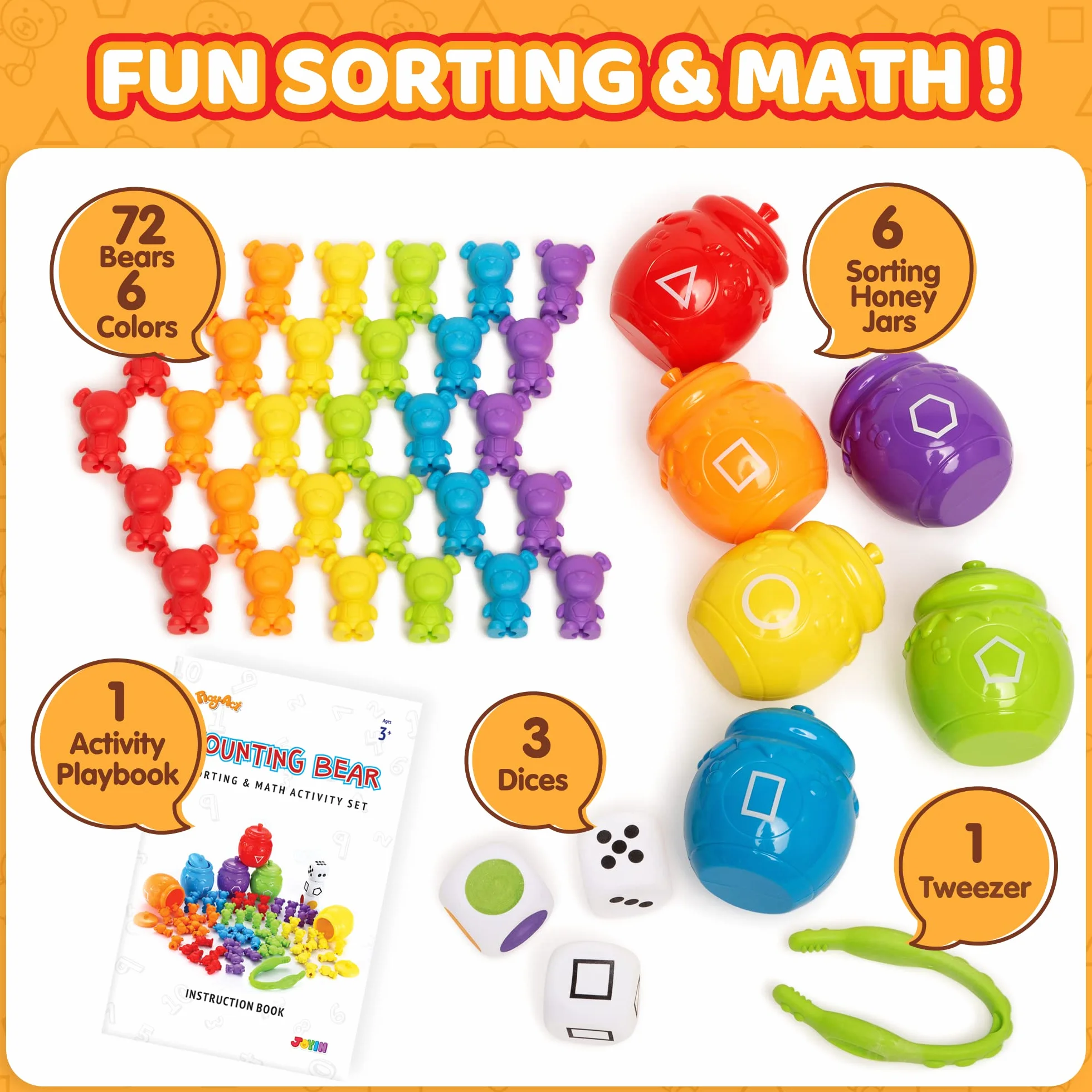 JOYIN72 Stück Zählbären - Bunte Zählen Bären mit passenden Sortierbechern für Farben Lernen der Kleinkinder, STEM Pädagogisches Spielzeug, Feinmotorik, Würfel und Aufgabenheft