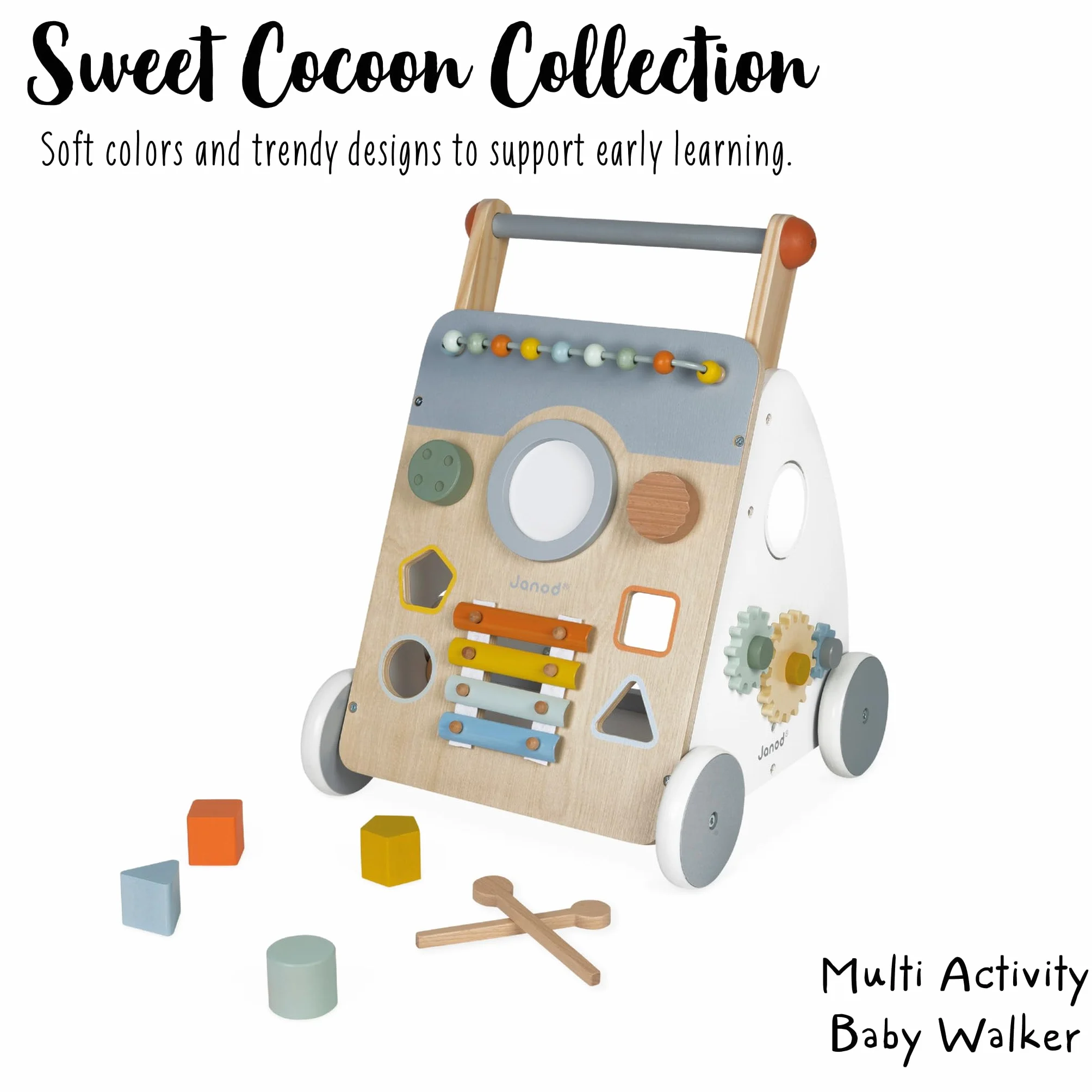 Janod - Sweet Cocoon Multi-Activity Cart - Wooden Push-In Walking Trolley - 9 Activities - Quiet Wheels, Water Based Paint - from 1 Year Old, J04410