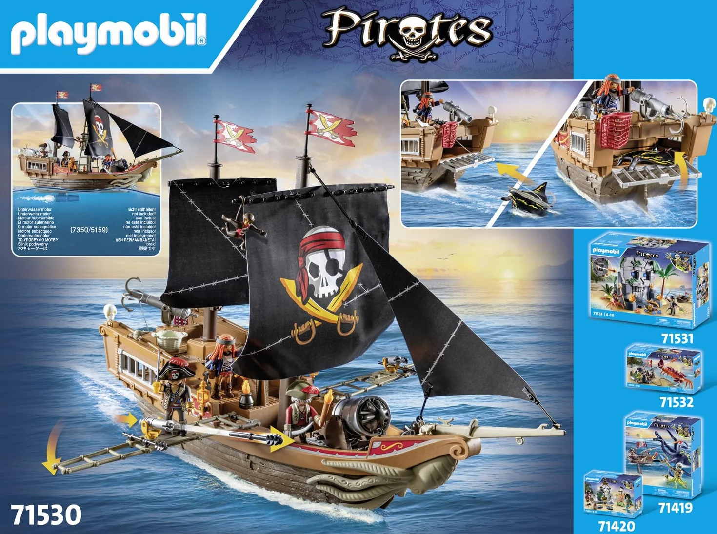 PLAYMOBIL Pirates 71530 Duży statek piracki, bitwa morska i tajne poszukiwanie skarbów w głębinach morzach, w zestawie armaty, pociski i kotwica, odpowiednie dla dzieci od 4 roku życia