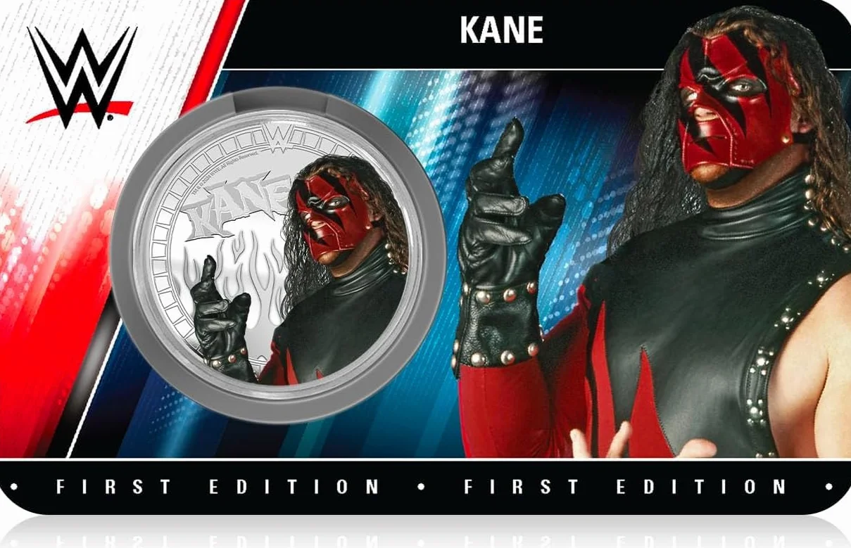 FANTASY CLUB Kane WWE 32 mm Oficjalna moneta kolekcjonerska – hołd dla czerwonego potwora i legendy o ekstremalnych walkach – edycja limitowana dla fanów i kolekcjonerów