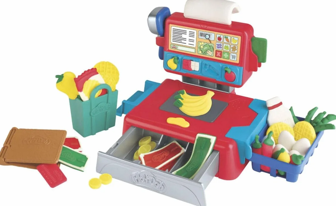 Kasa sklepowa Play-Doh, zabawka dla dzieci w wieku od 3 lat z wesołymi dźwiękami, akcesoriami do sztucznego jedzenia i nietoksyczną ciastoliną Play-Doh w 4 kolorach