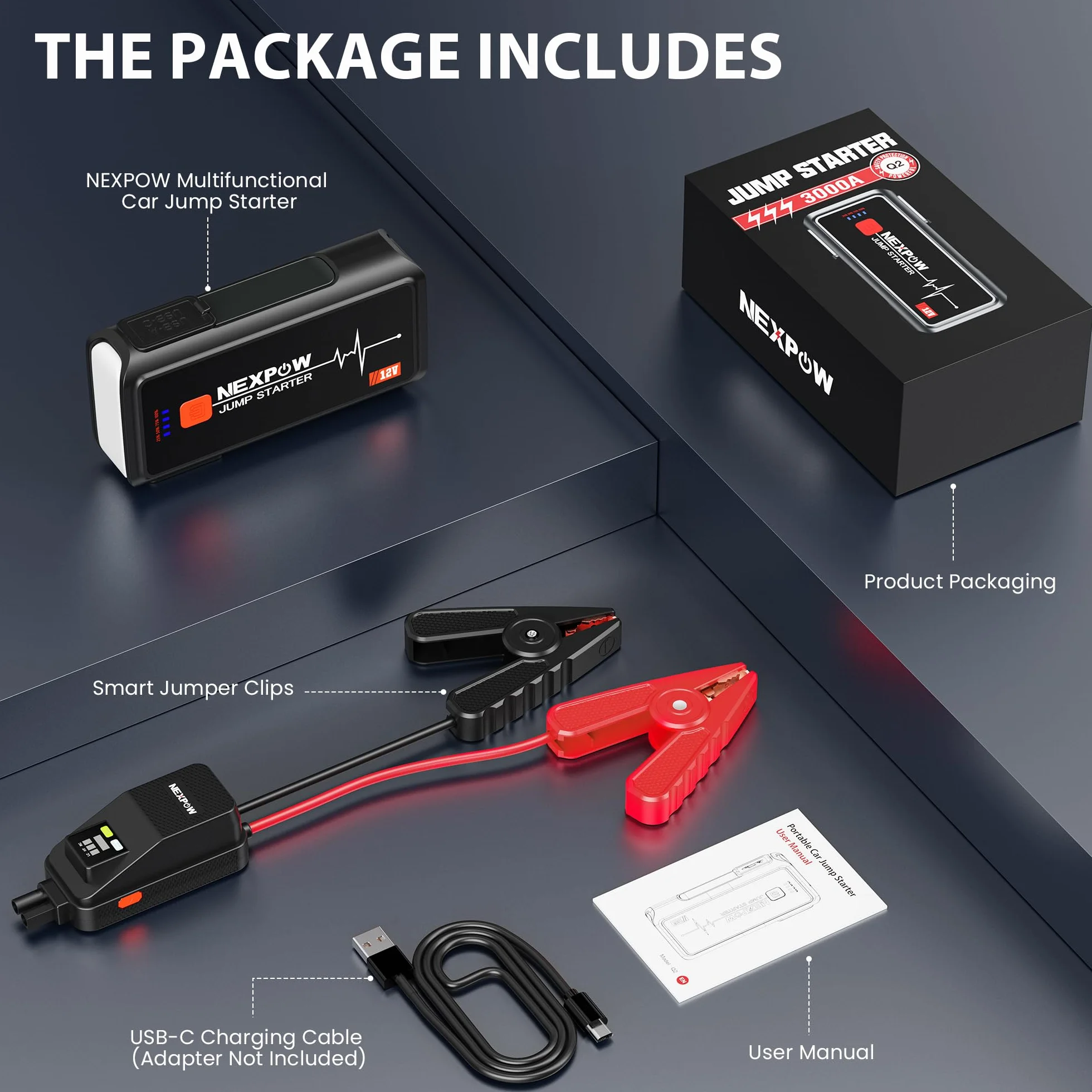 NEXPOW Urządzenie rozruchowe 3000 A do pojazdów 12 V (do 10 l benzyny/8,5 l oleju napędowego), powerbank z latarką LED, USB, do ekranu, wzmacniacz akumulatora samochodowego do SUV-ów, motocykli