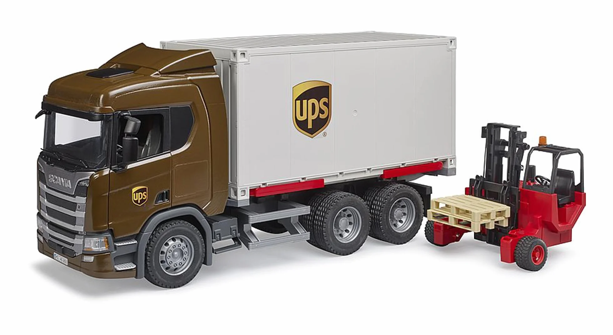bruder 03582 - Ci|arówka logistyczna Scania Super 560R UPS z zamontowanym wózkiem widBowym, pojazdy, dostawa paczek, transport, wózek widBowy, transporter, zabawki od 4 lat