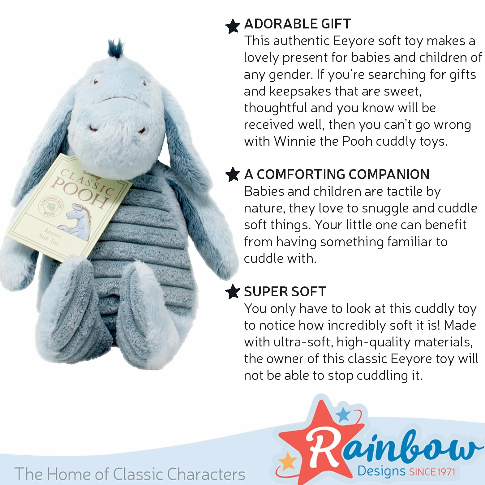Classic Winnie the Pooh & Friends - Eeyore - Cuddly Donkey - Great as Gift for Newborn Baby, Children and Toddlers - Soft Toy by Rainbow Designs