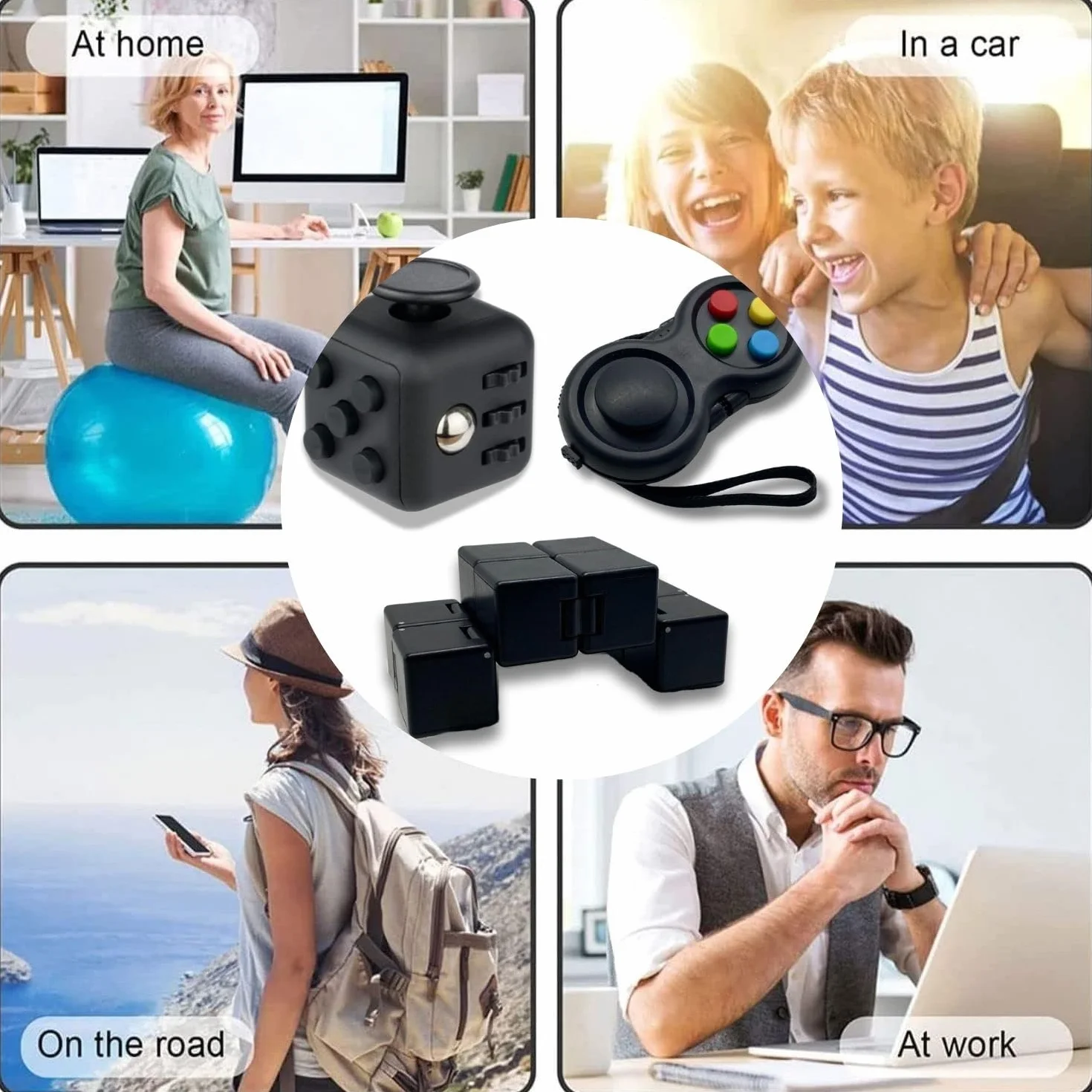 Yeefunjoy, kostka do gry fidget 3 sztuki, pad, kostka nieskończoności, reduktor stresu, ulga w lęku, koncentracja, sensoryczna, czarna, dla dorosłych, mała