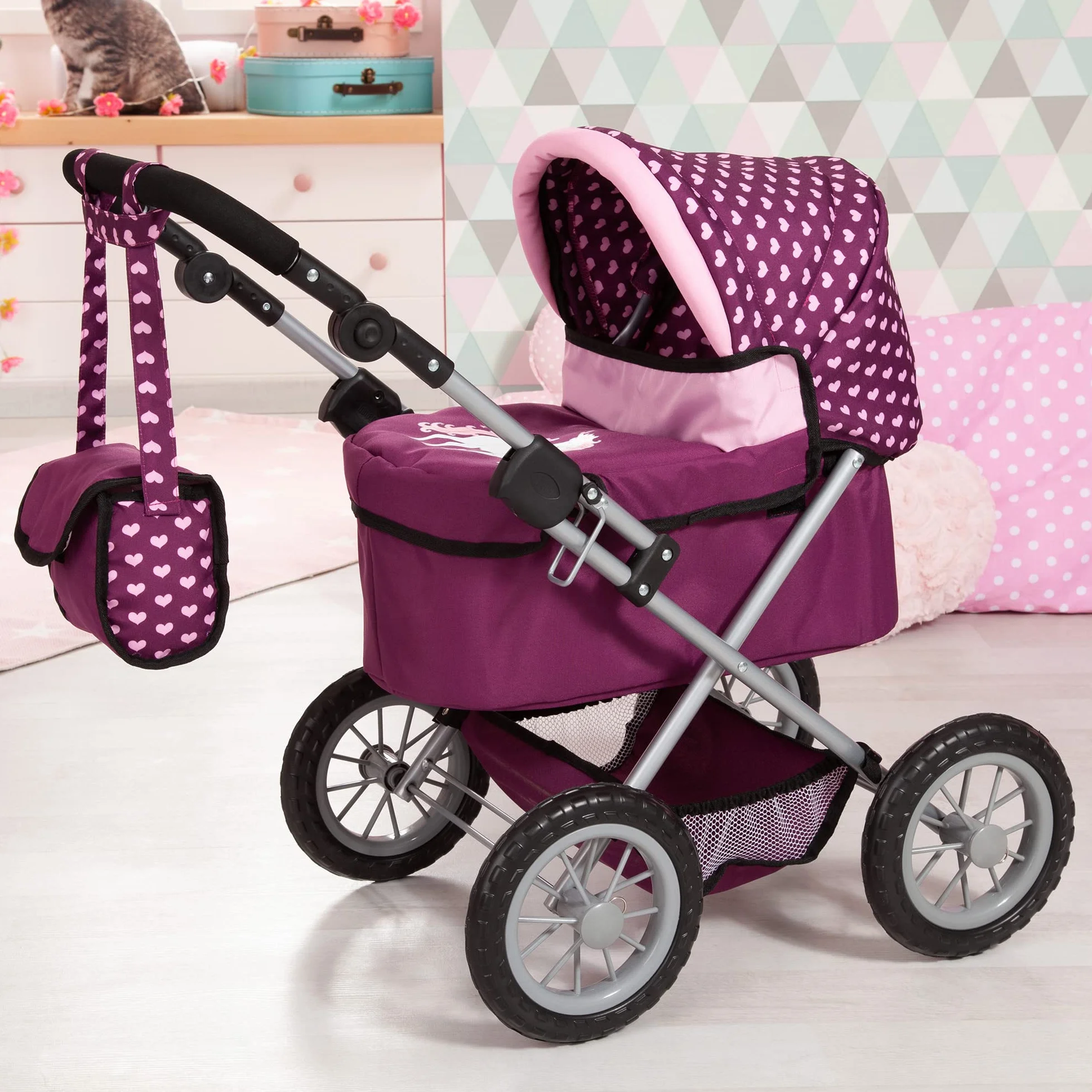 Bayer Design 13037AA Wózek dla lalek Trendy z torbą, regulowaną rączką, składany, zintegrowanym koszem, dużymi kołami, dla chłopców i dziewczynek od 3 lat