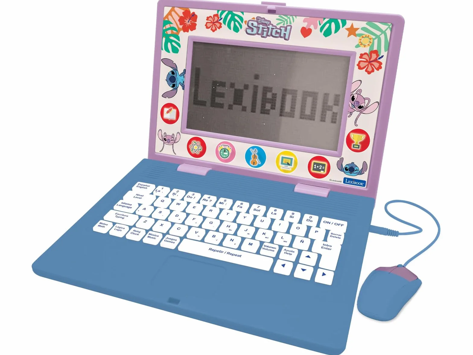 LEXIBOOK, Disney Stitch, Hiszpański/Angielski dwujęzyczny komputer edukacyjny, zabawka dla dzieci, 170 zajęć do nauki, gry i muzyki, duży ekran, niebieski, JC599Di2