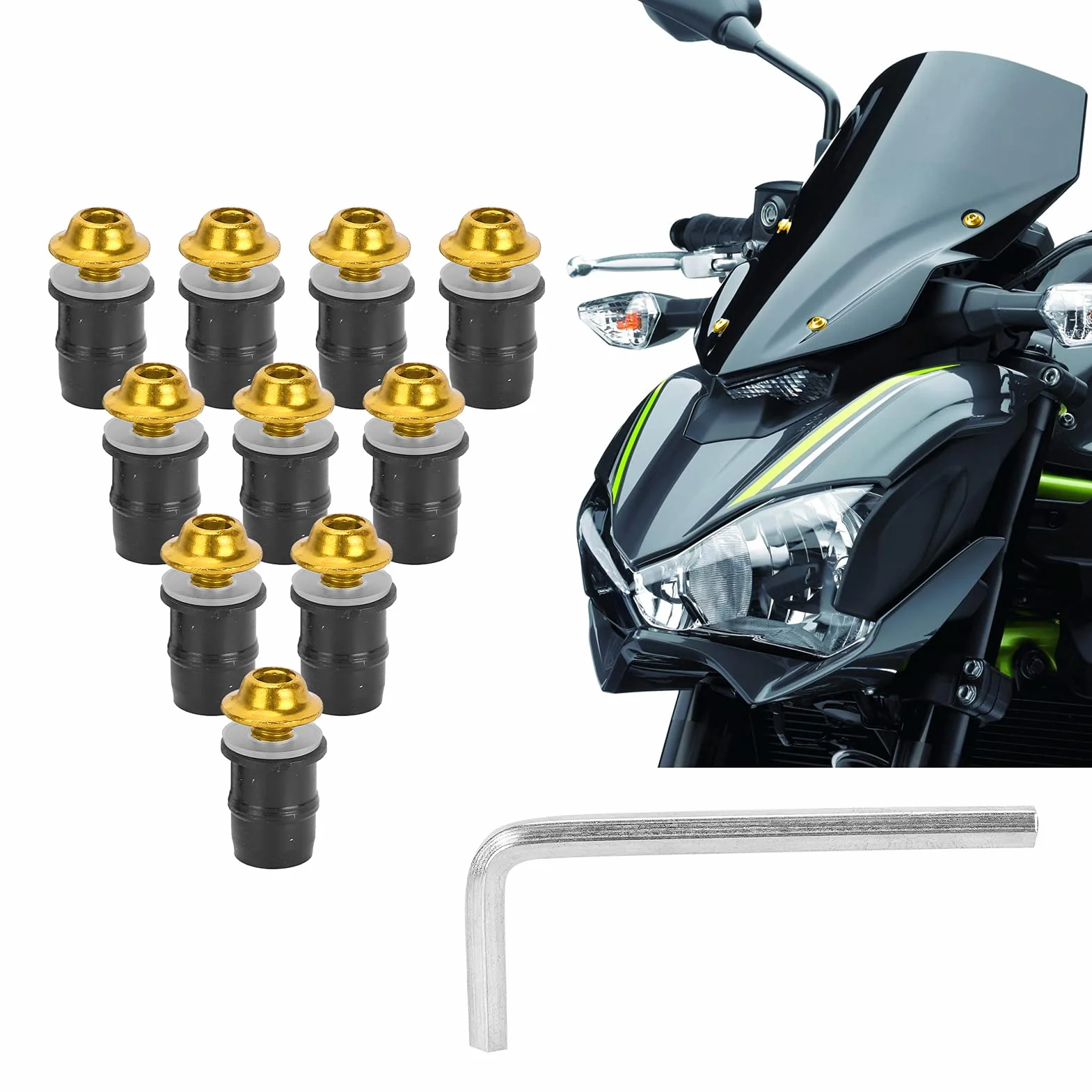 Les-Theresa 10 sztuk Motocykl M5x16mm/0.6 cal Szyby Śruby Śruby Uniwersalny Zestaw z kluczem(Złoty)