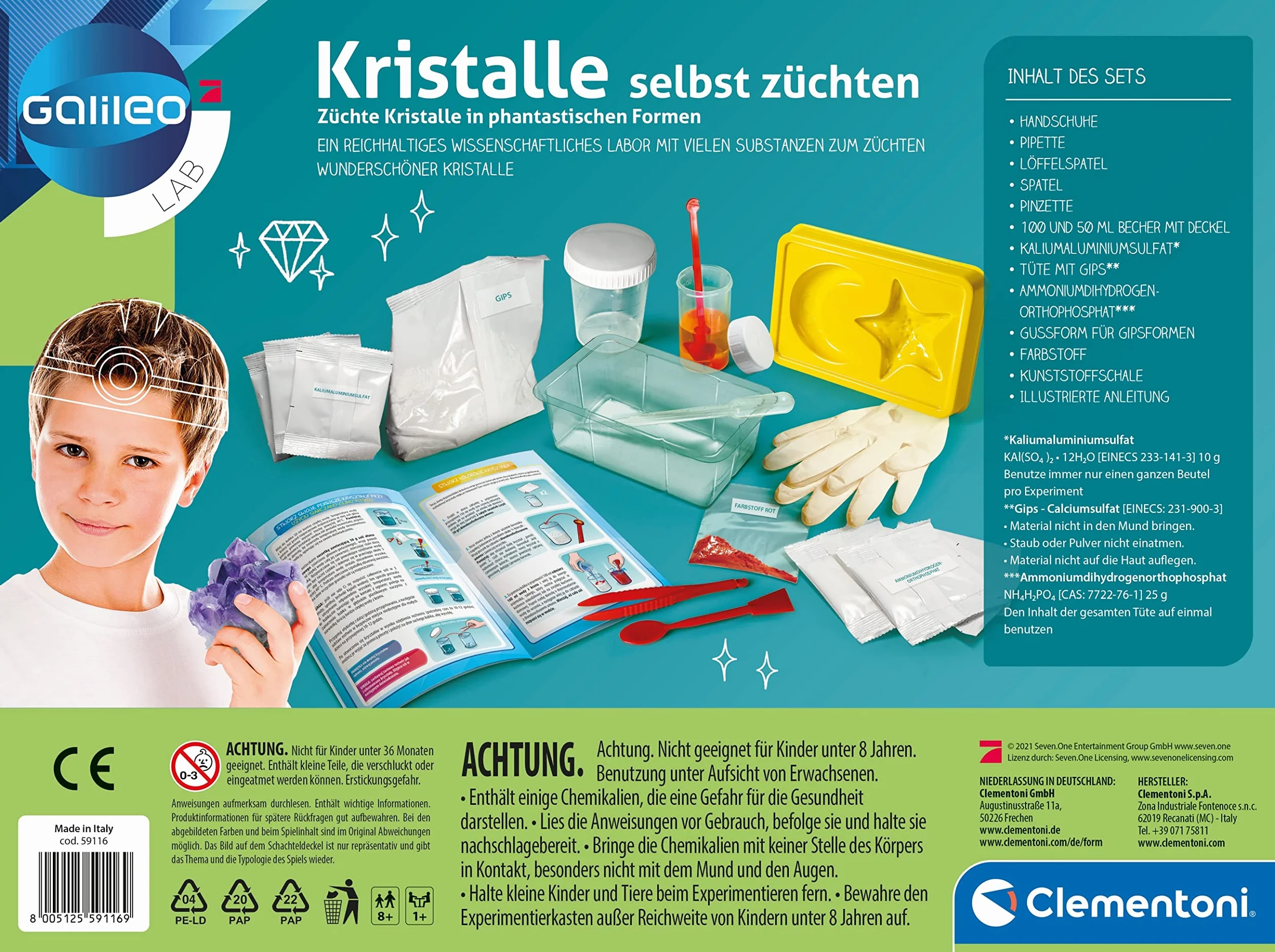 Clementoni Galileo Lab – samodzielna hodowla kryształów, pudełko eksperymentalne dla małych naukowców, zabawka dla dzieci od 8 lat, kolorowe eksperymenty do pokoju dziecięcego Clementoni 59116
