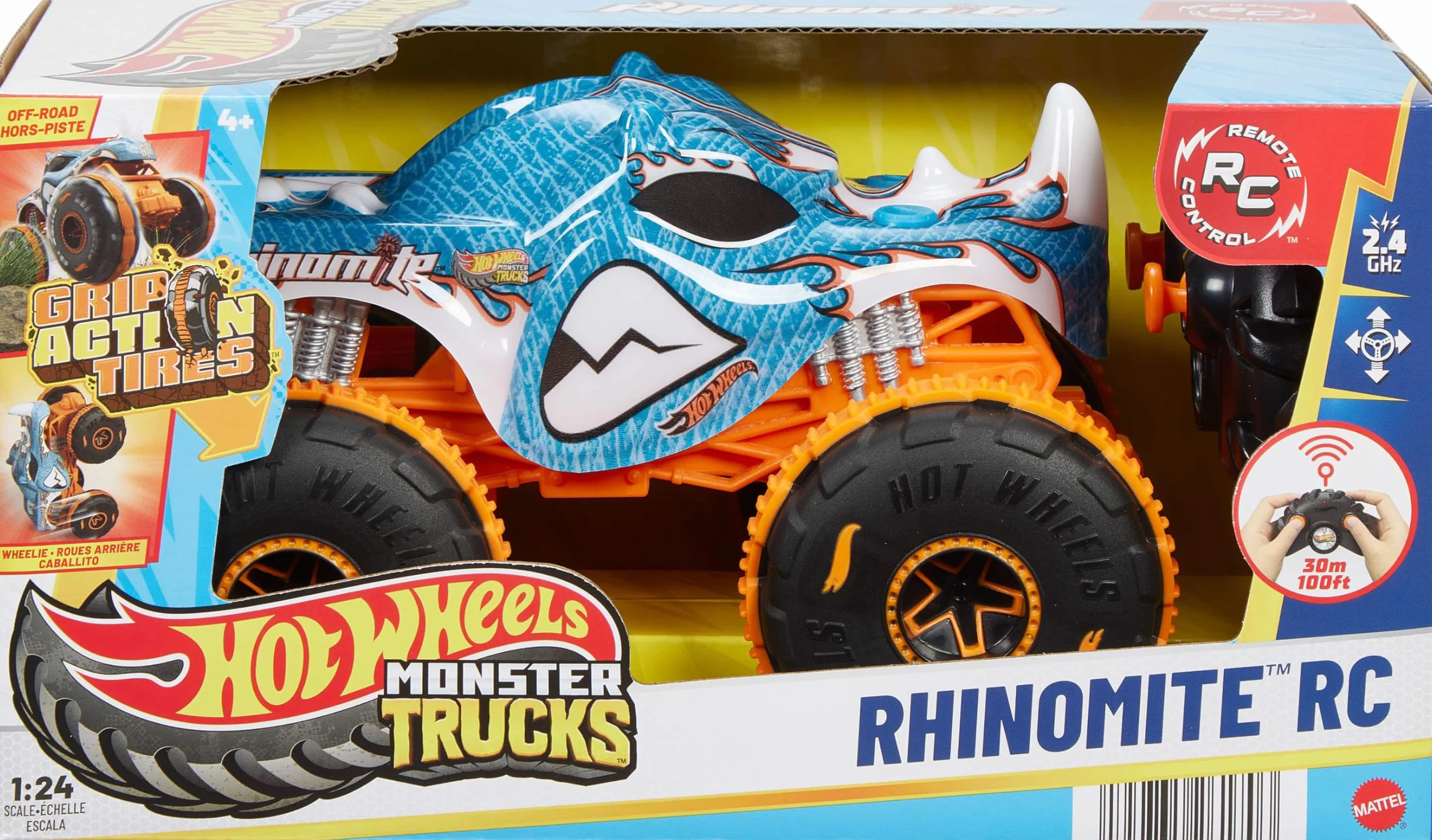Hot Wheels Monster Trucks RC Rhinomite Pojazd zdalnie sterowany w skali 1:24, terenowy samochód RC do jazdy po różnych powierzchniach dzięki oponom Grip Action, JBK11
