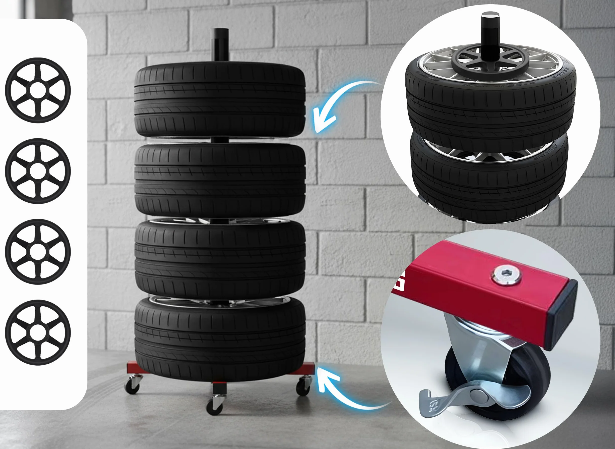 Humberg Stojak na Felgi i Opony 110kg Mobilny Regał Wolnostojący na 4 Koła Stal Aluminium