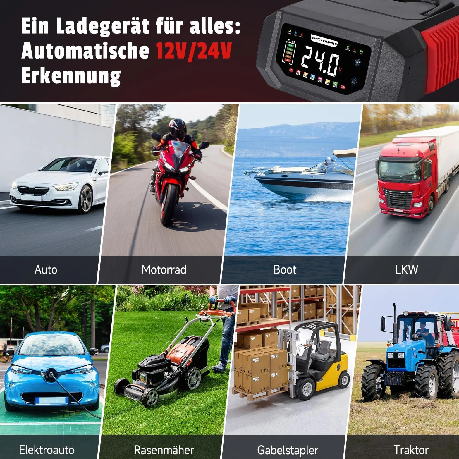 Ładowarka do akumulatora samochodowego 12 V/24 V, HAUSPROFI 20 A, inteligentna ładowarka z regulowanym prądem, 9-stopniowe ładowanie i tryb naprawy do samochodu, motocykla, ciężarówki, kwasu