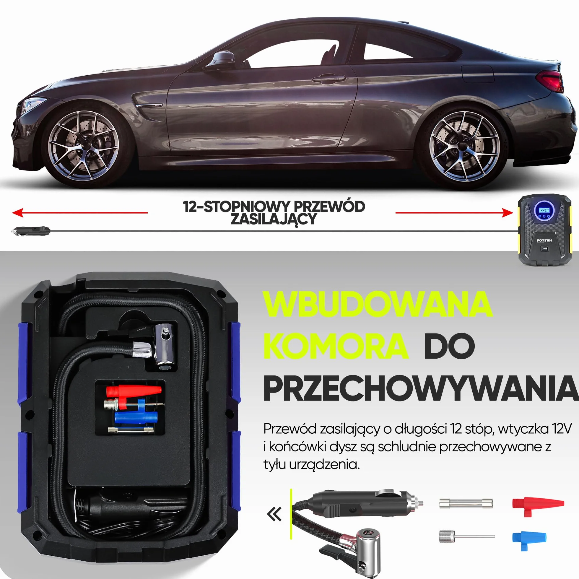 FORTEM Kompresor Samochodowy Przenośna Pompka Elektryczna z Cyfrowym Manometrem i Automatycznym Pompowaniem