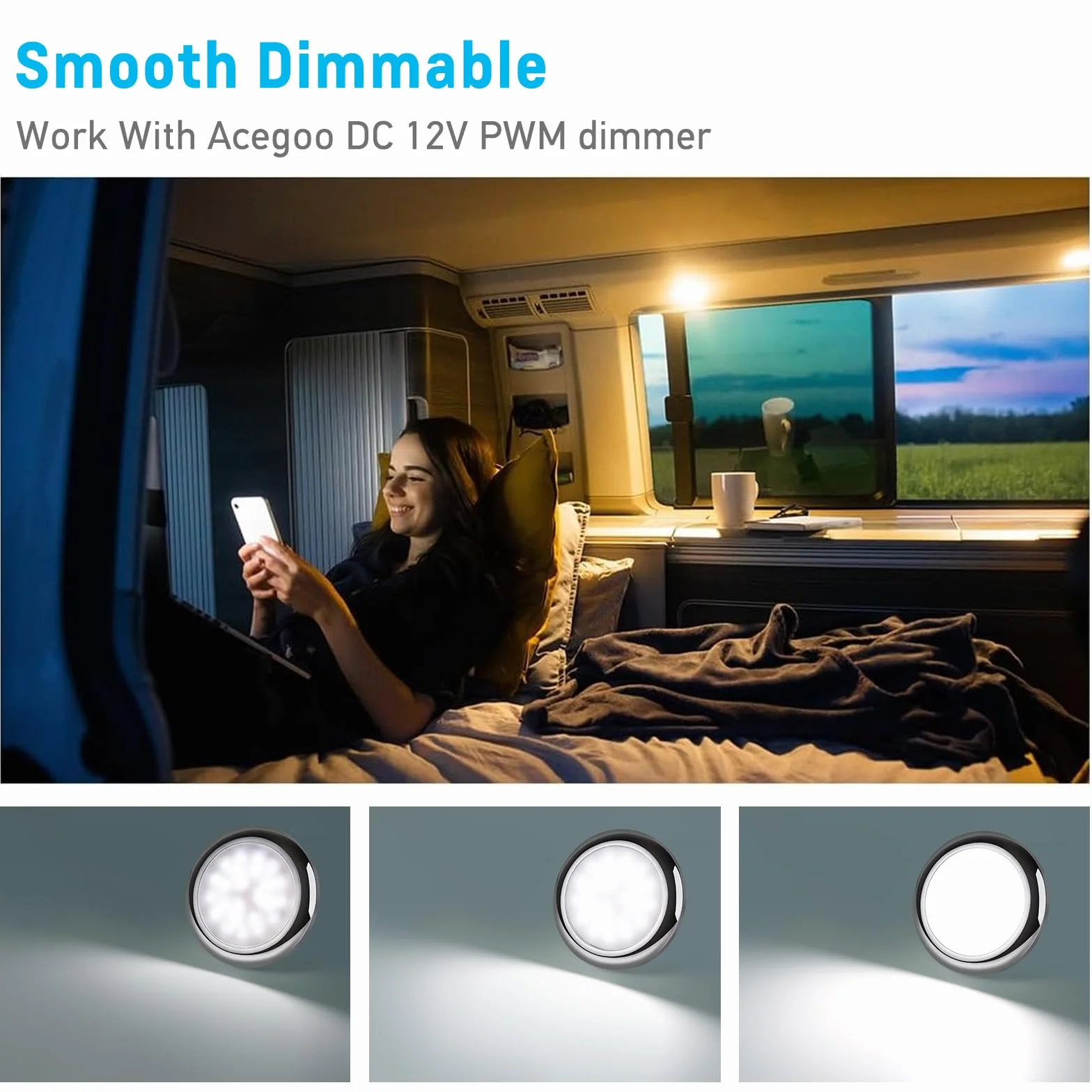 acegoo Lampa sufitowa LED 12 V do kampera, 235lm DC 12 V, chromowana, ściemniana, do ciężarówki, przyczepy, kuchni, furgonetki, PC (Chrome, 5000K)