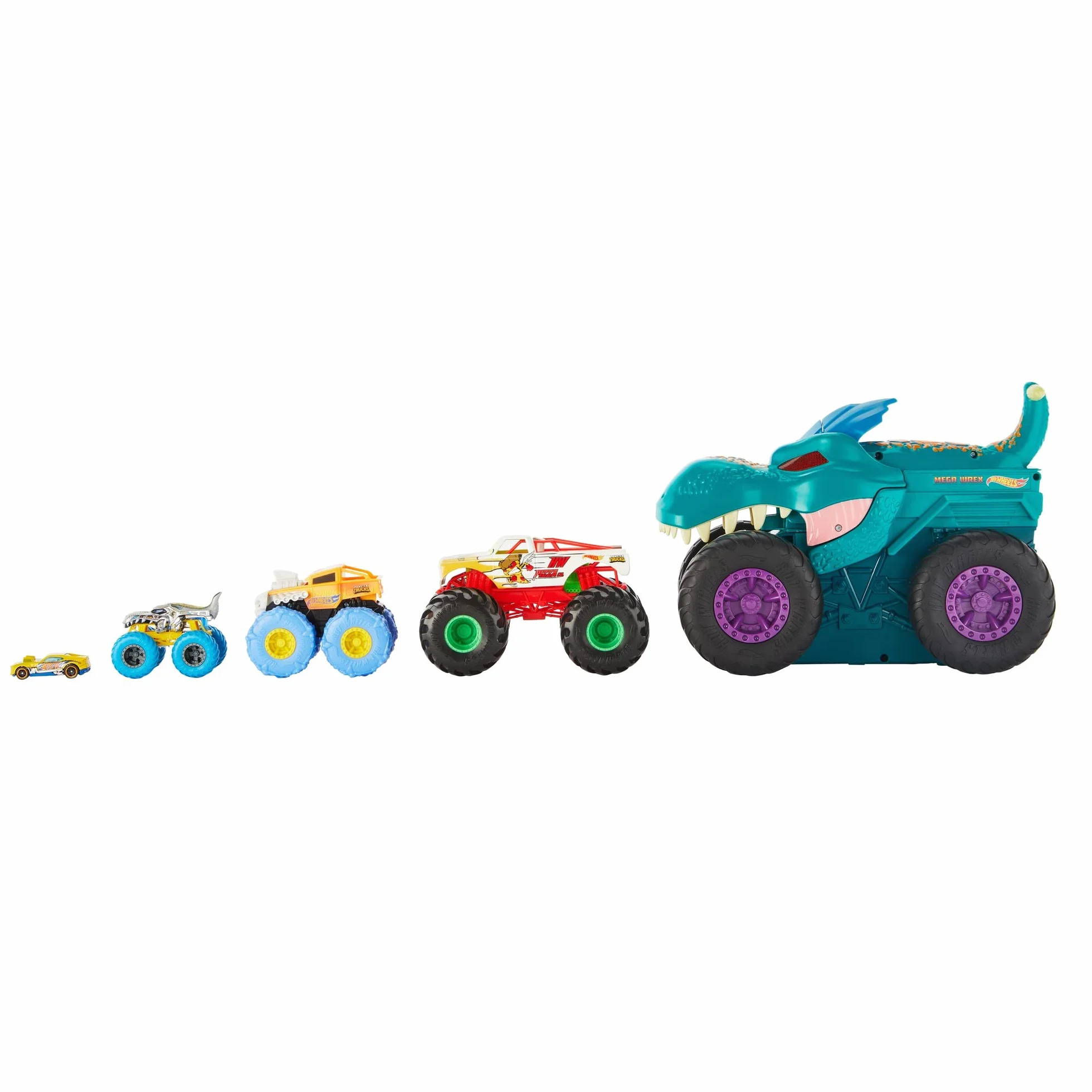 Hot Wheels Monster Trucks Pożeracz aut Mega Wrex Duży pojazd ze światełkami i efektami dźwiękowymi, „pożera” i „wypuszcza” metalowe autka i Monster Trucki w skali 1:64, od 4 roku życia, GYL13