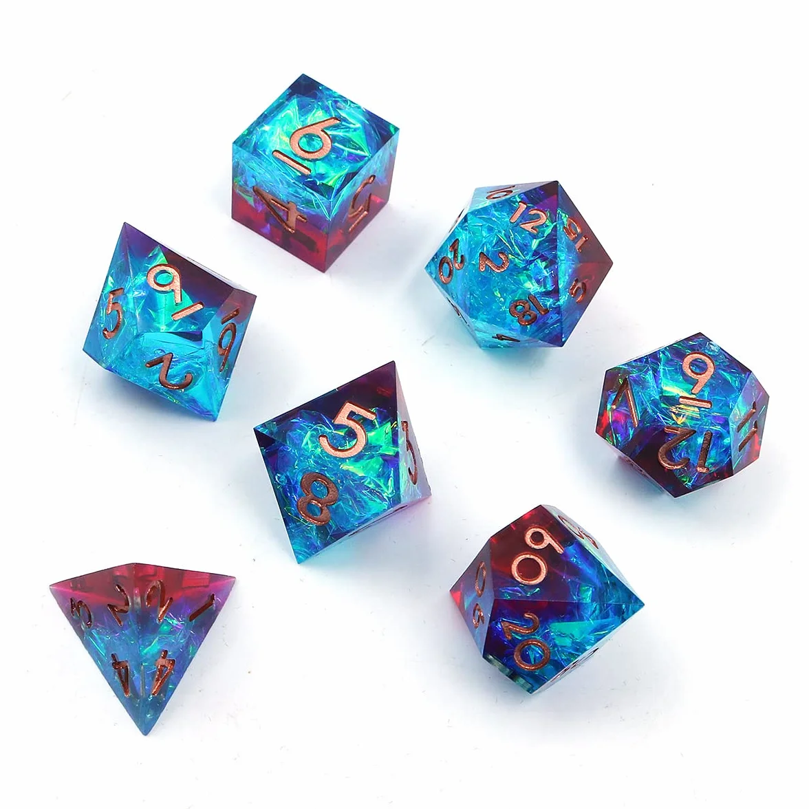 DollaTek Zestaw przezroczystych ko?ci RPG, 7 szt. ko?ci DND, D4, D6, D8, D10, D12, D20, czerwone i niebieskie, ze z?ot? foli?, do lochów i smoków oraz gier planszowych