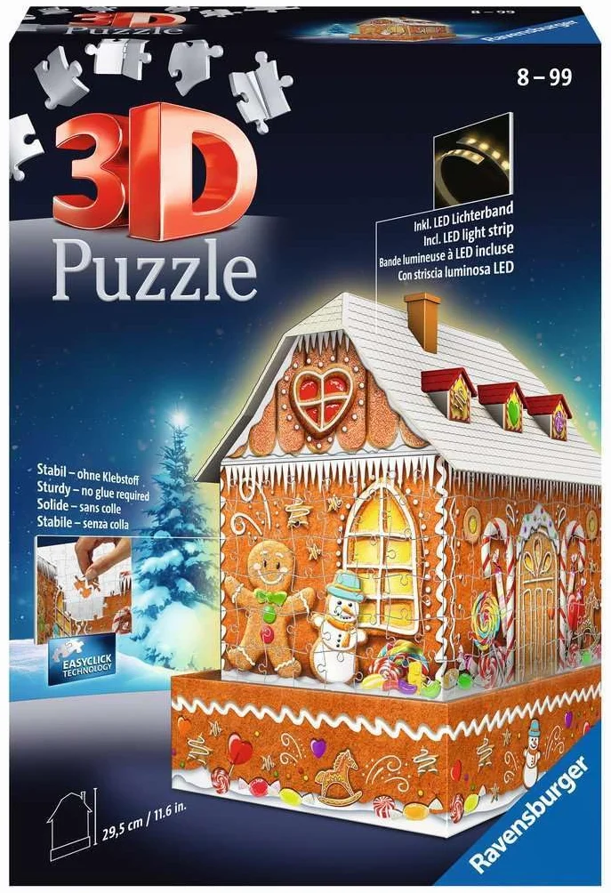 Ravensburger Puzzle 3D 11237 Ravensburger Piernikowa Chatka 216 Elementów Puzzle 3D Budynki Nocą (11237) Dla Dzieci I Dorosłych. Technologia Easy Click